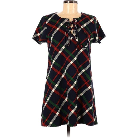 J.O.A Los Angeles Short Sleeve Plaid Shift Dress Women’s Size Medium Navy - Picture 1 of 4